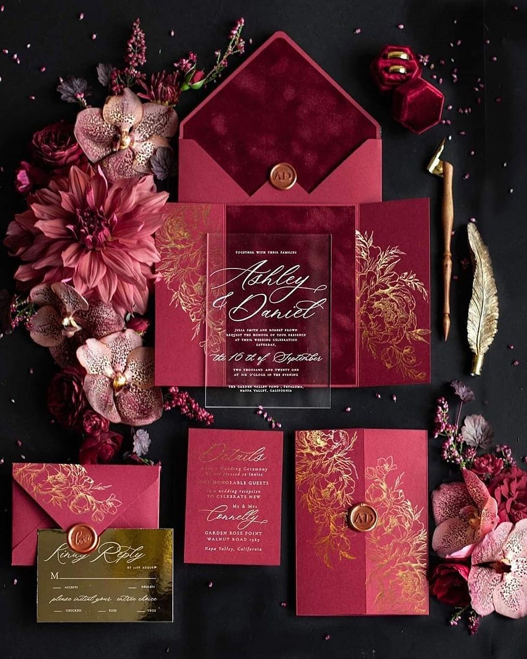winter wedding invitations acrylic dark red velvet invitation