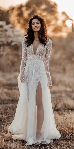 wona wedding dresses a line with long sleeves plunging neckline 2020 flowy corsica