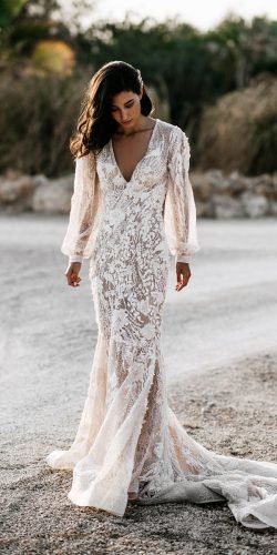wona wedding dresses plunging v neckline with long sleeves floral appliques gloria 2020