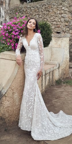 wona wedding dresses sheath with long sleeves floral appliques rebeca