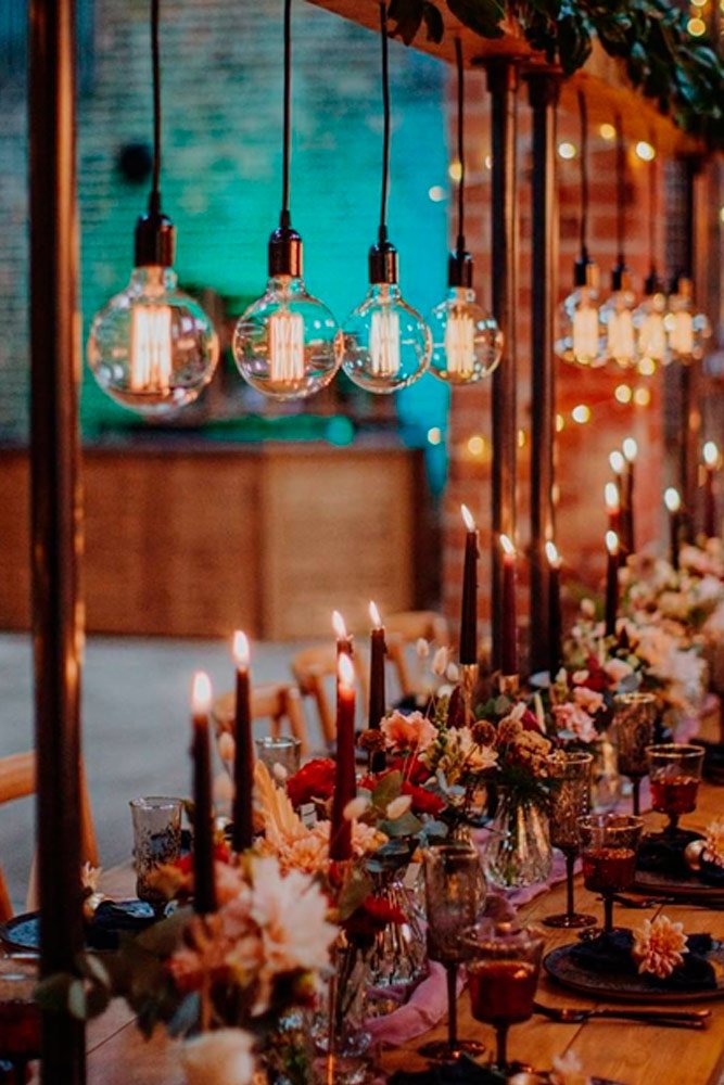 loft wedding decorations reception rustic lights