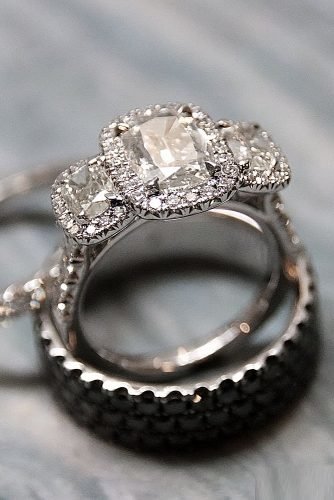 drei Stein Verlobungsringe Diamant Halo Weißgold Set