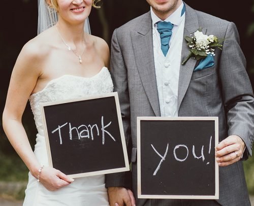 wedding thank you card wording bride and groom with sign