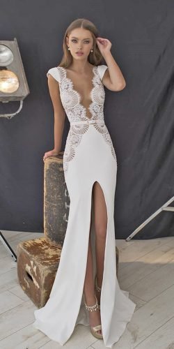 best wedding dresses with cap sleeves sexy deep v neckline slit lian rokman