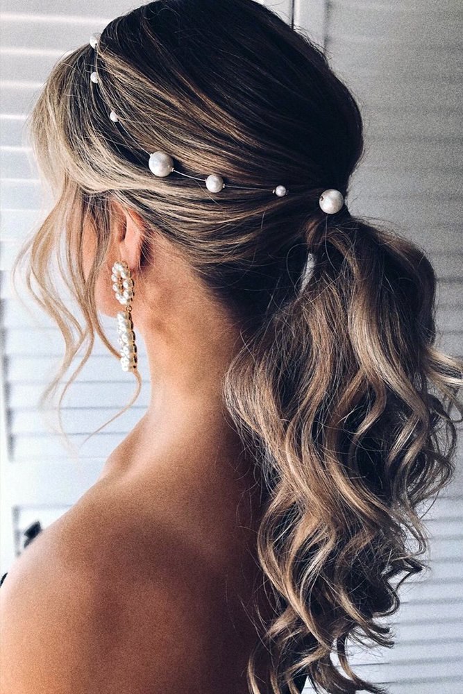 easy wedding hairstyles curly low ponytail with pearly halo katya.valentinahair