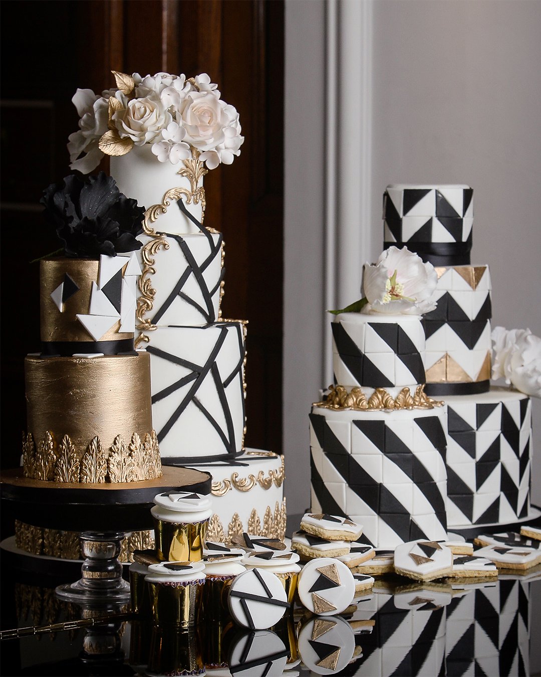 wedding cake trends geometric black white cakes Elizabeth's Cake Emporium