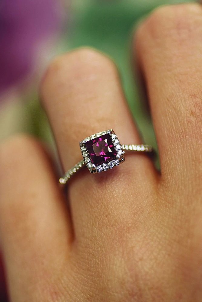 ruby engagement rings princess cut halo pave band