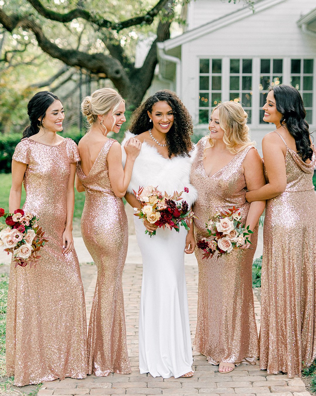 sequined metallic bridesmaid dresses long country revelry