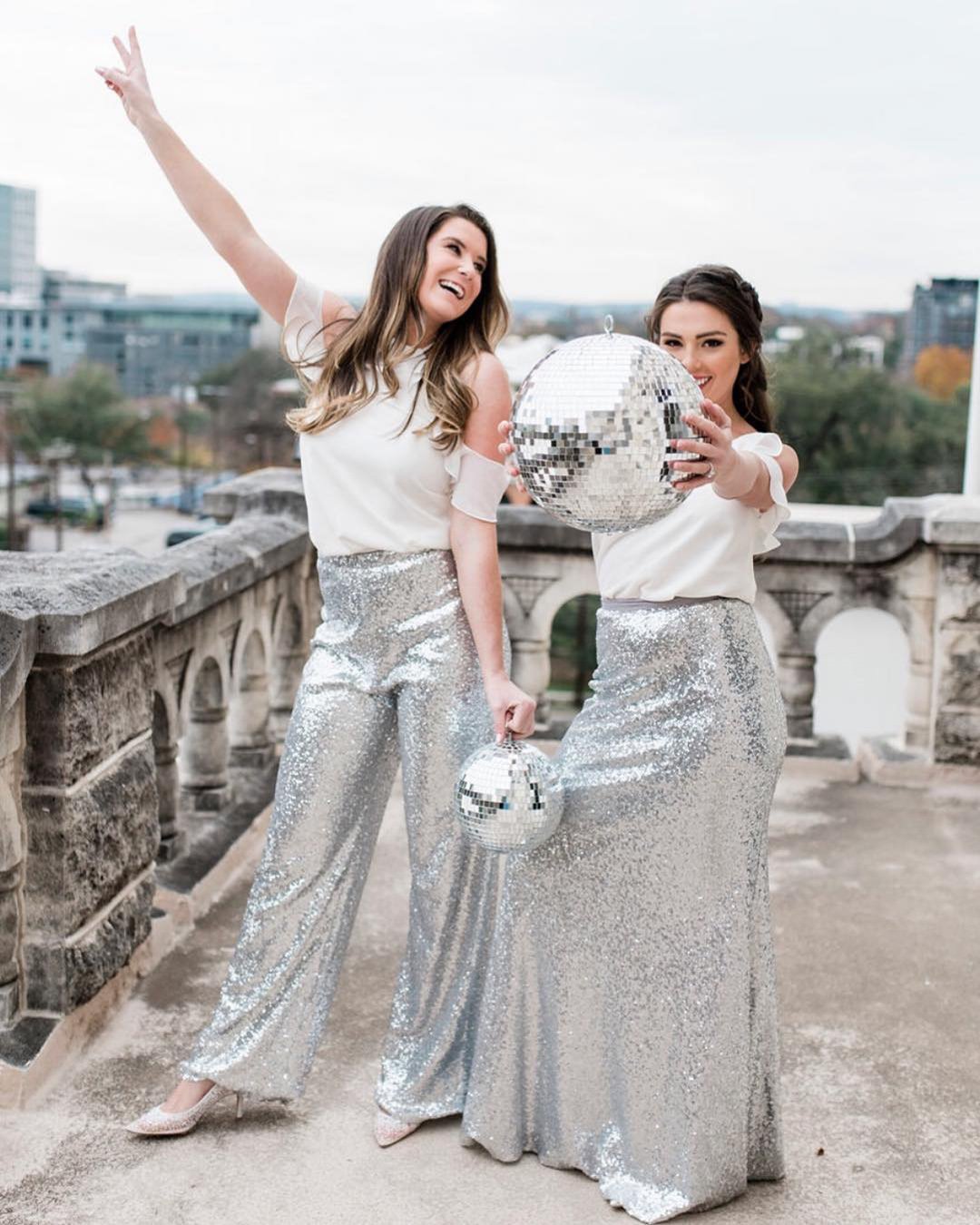 sequined metallic bridesmaid dresses silver jumpsuits white top shoprevelry