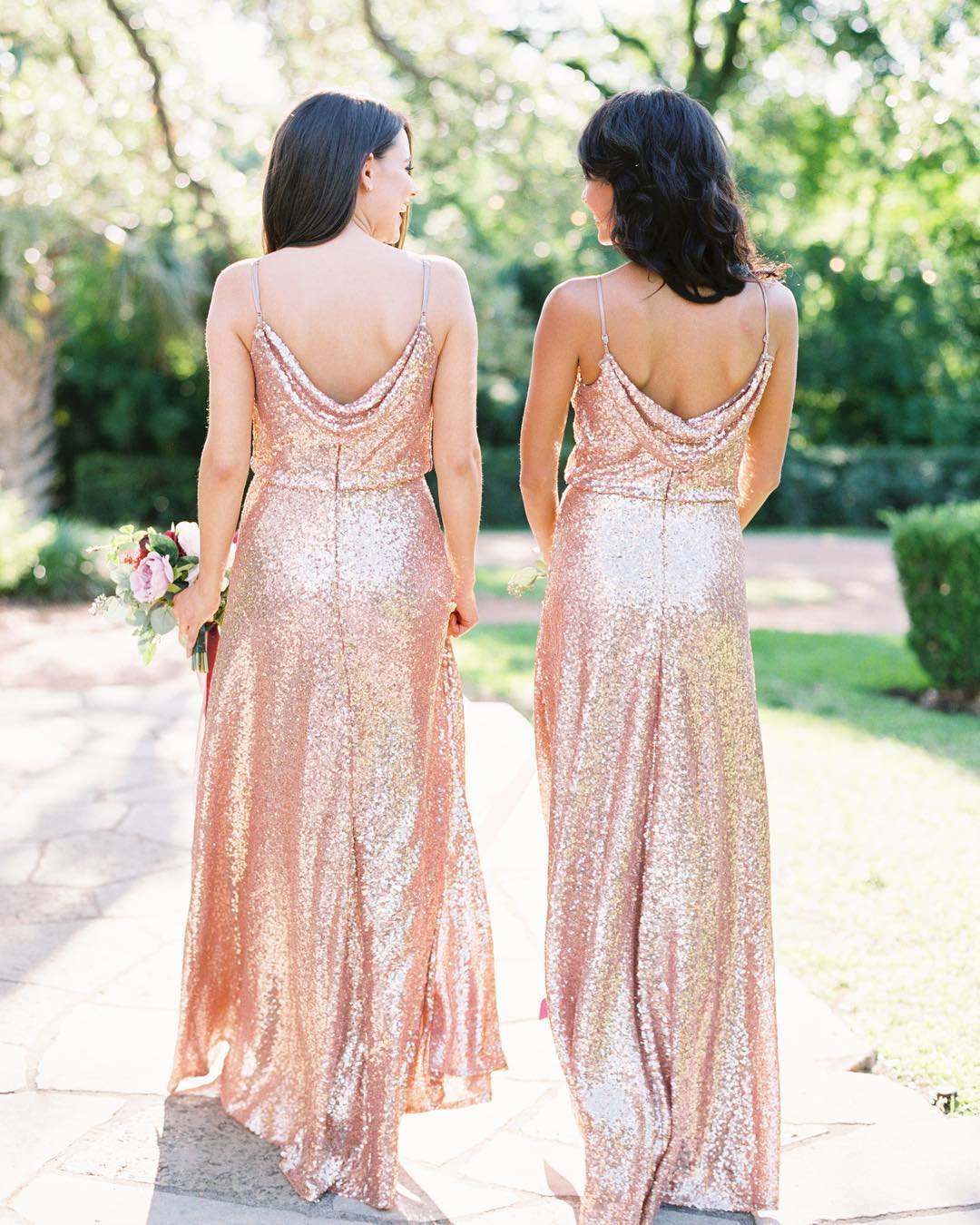 sequined metallic bridesmaid dresses with spaghetti straps low back rose gold shoprevelry