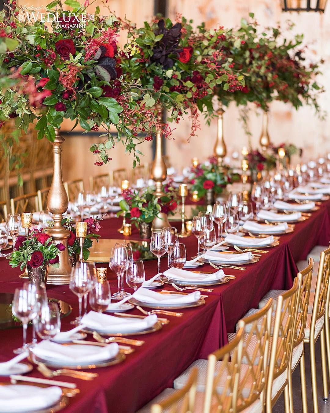 burgundy wedding table decor greenery