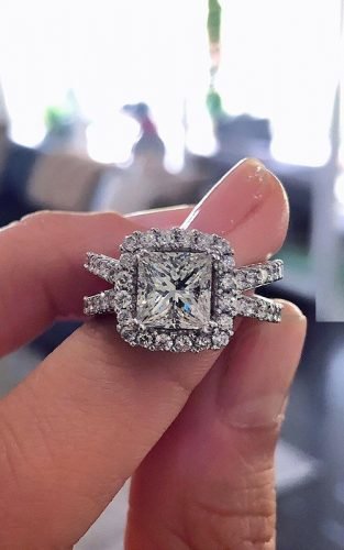 engagement ring halo princess cut diamond pave band