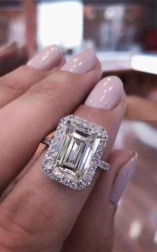 engagement ring radiant cut halo diamond pave band