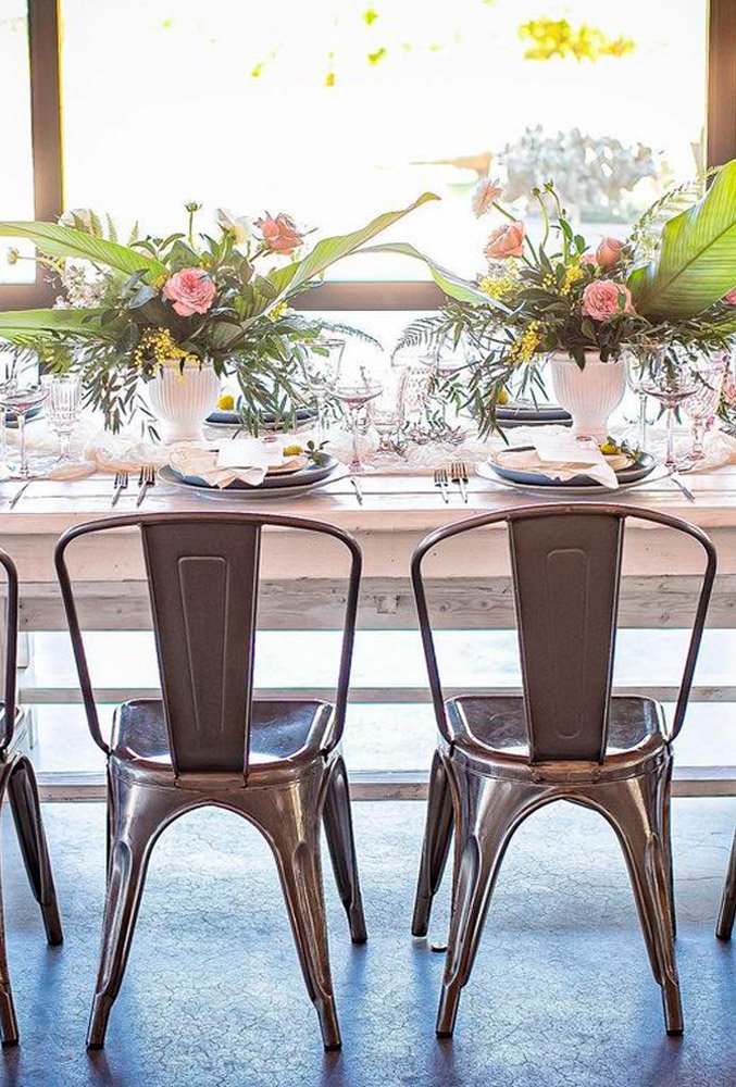 industrial wedding decor table setting flowers