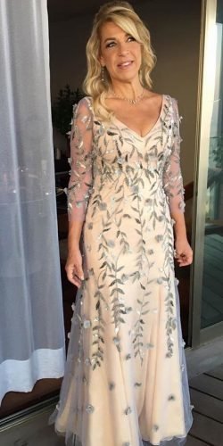 Mutter der Braut kleidet lange Maxi Dresse mit Ärmeln Blumenapplikationen vestidosoficial