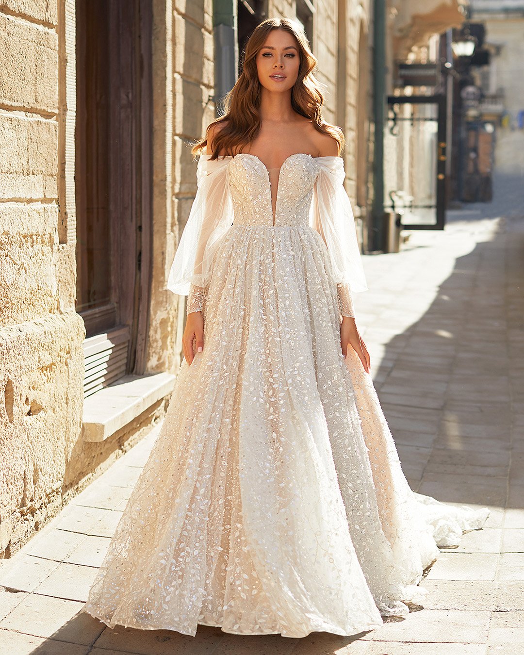 moonlight wedding dresses a line with long sleeves off the shoulder