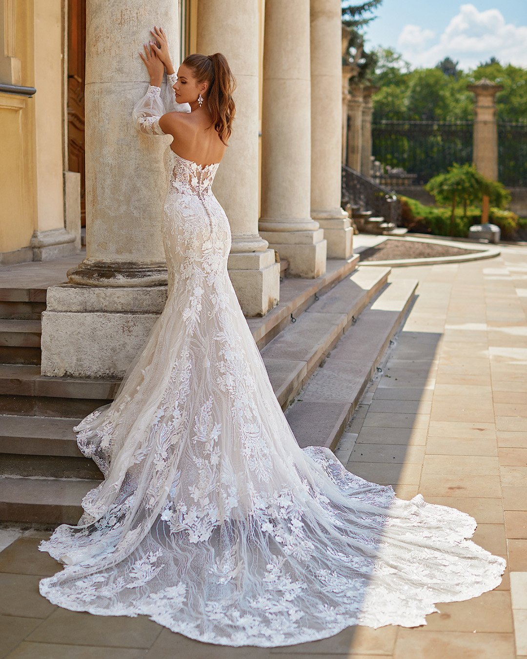 moonlight wedding dresses train lace with sleeves sexy
