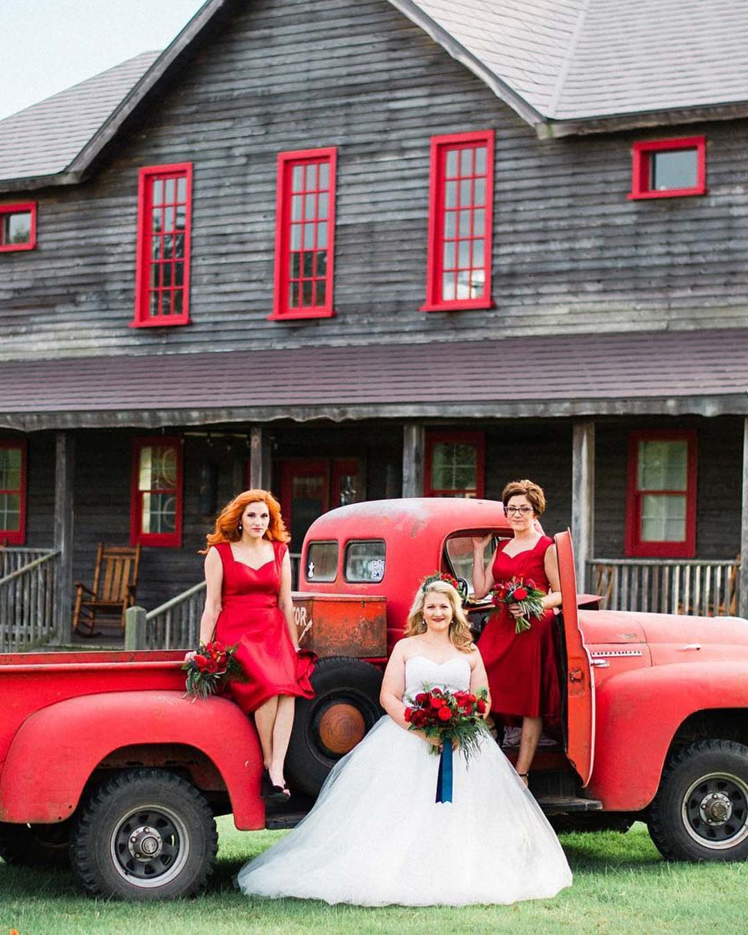 rustic wedding ideas bride bridesmaids pickup trucks
