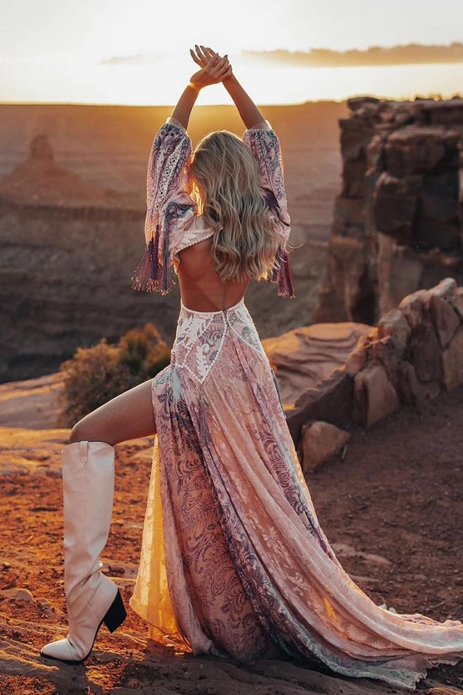 bohemian wedding dress with cowboy boots