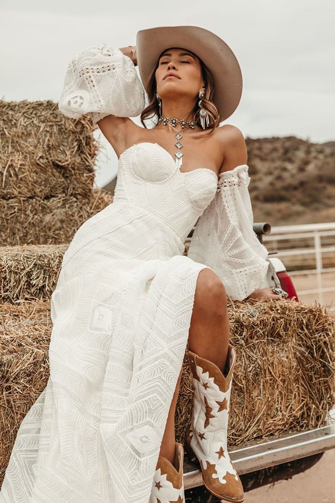 cowgirl boots wedding ideas boho with puff sleeves lace ruedeseine