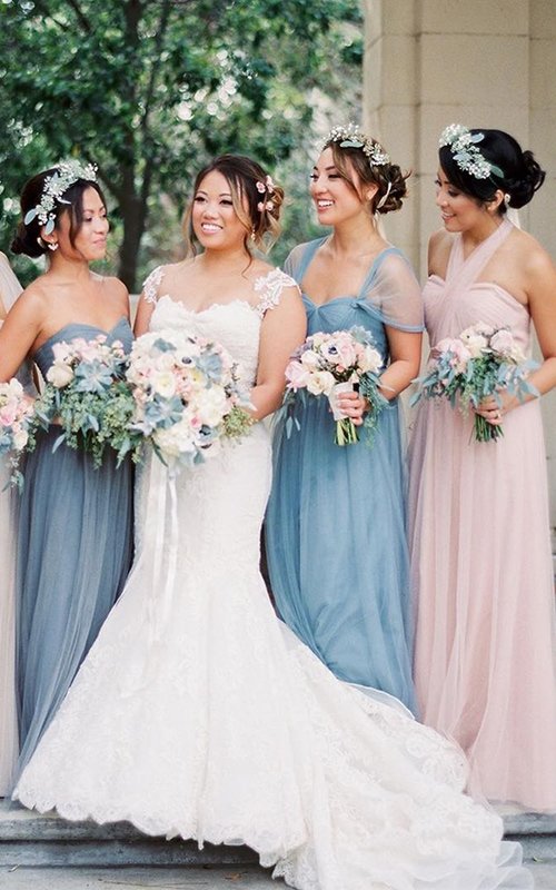 Spring Wedding - Dusty Blue Bridesmaid Dresses and Blush Bouquets