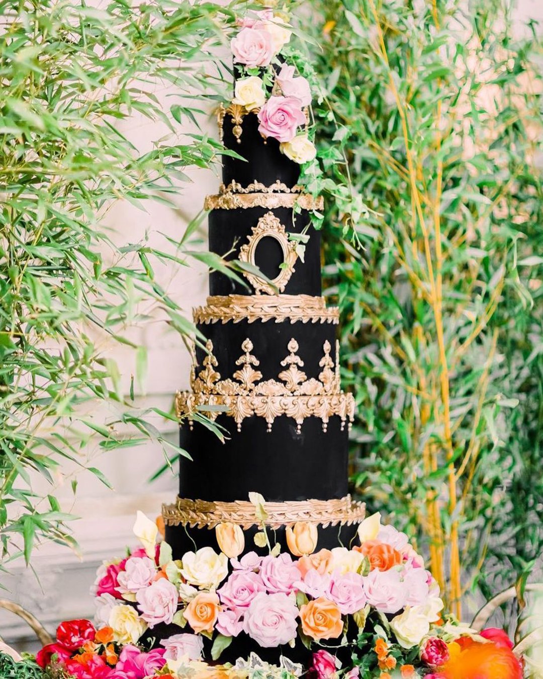 black wedding cake big cake with flowers and gold elizabethscakeemporium