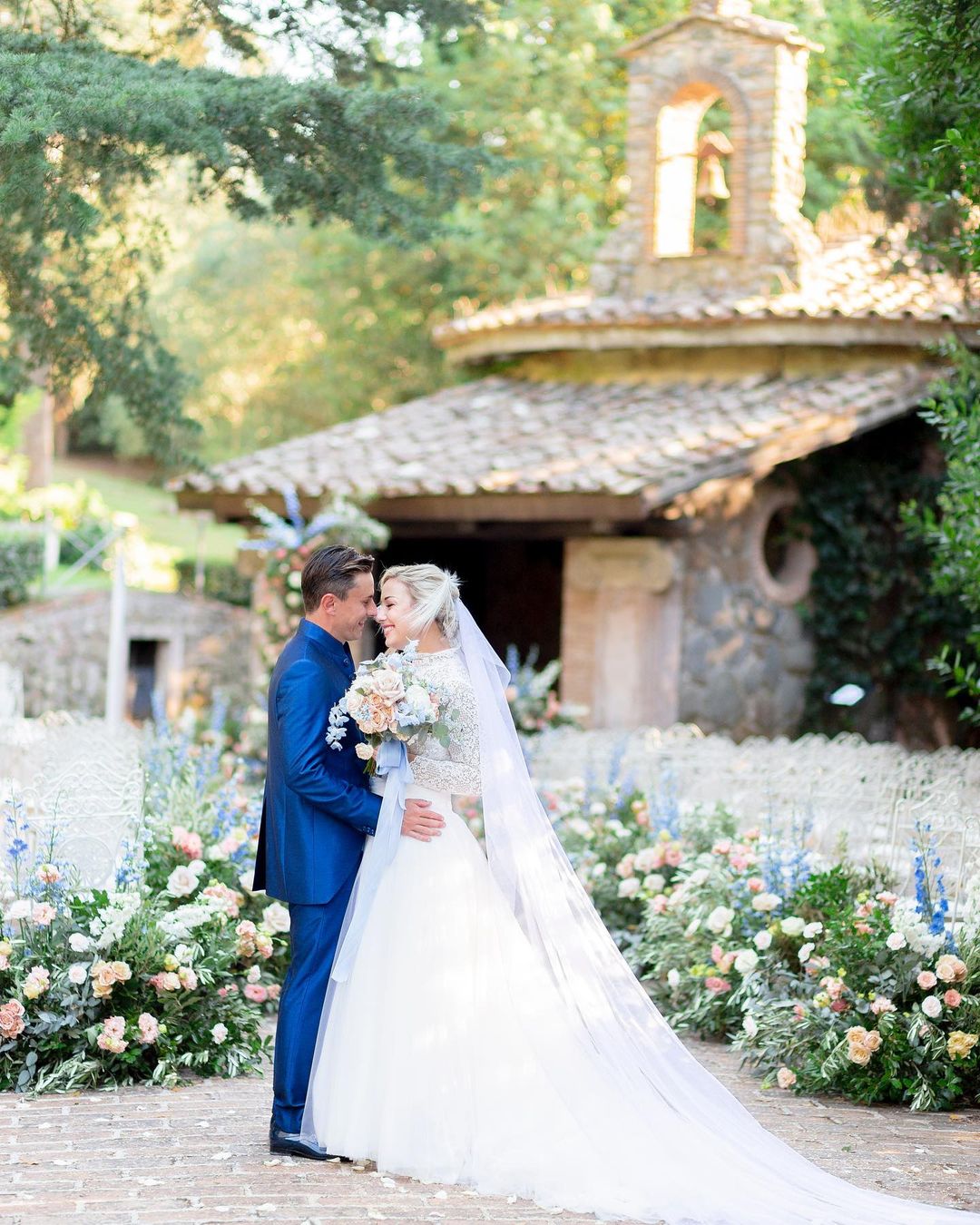 blue and white wedding colors bride groom attire