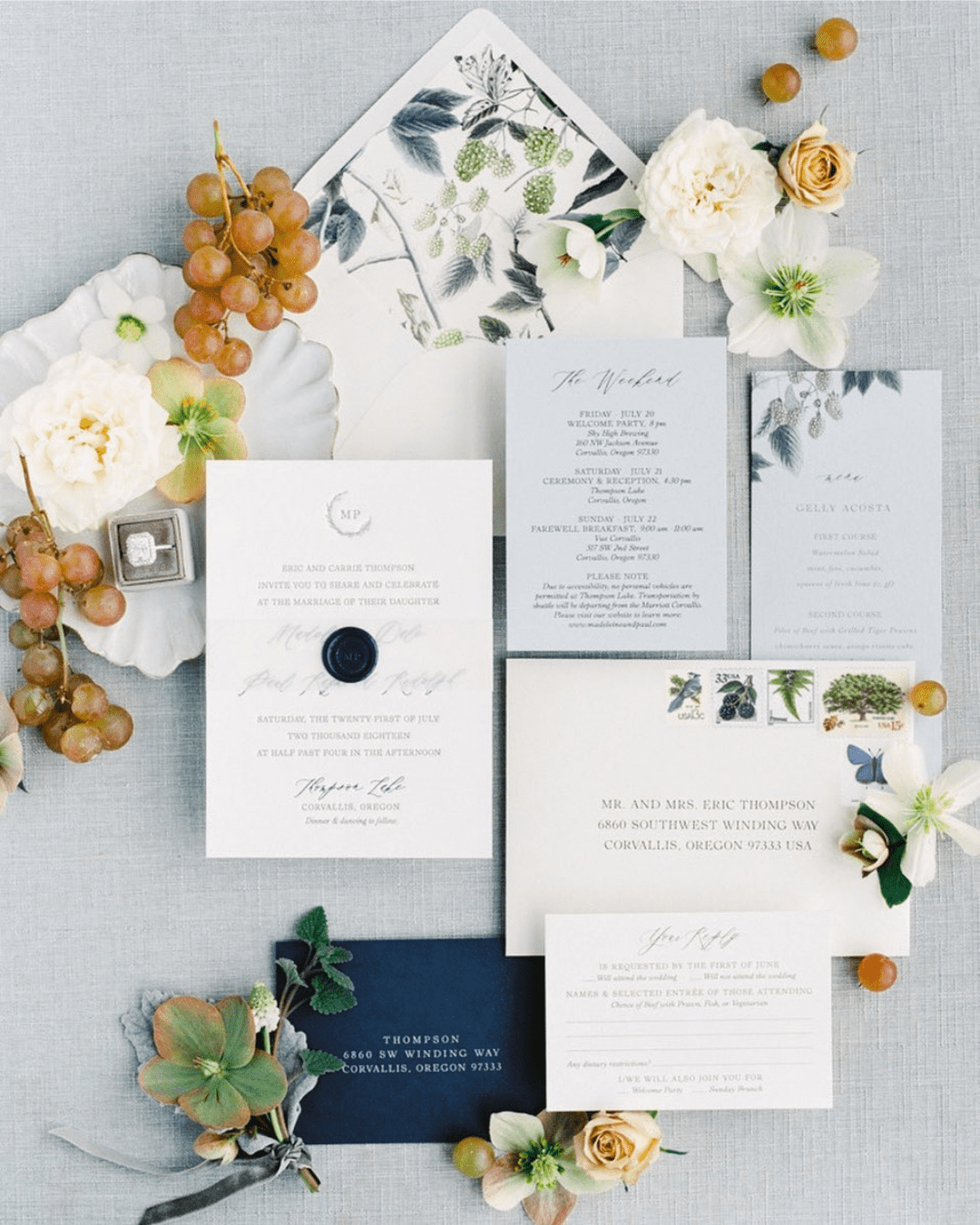 blue and white wedding colors floral invitations