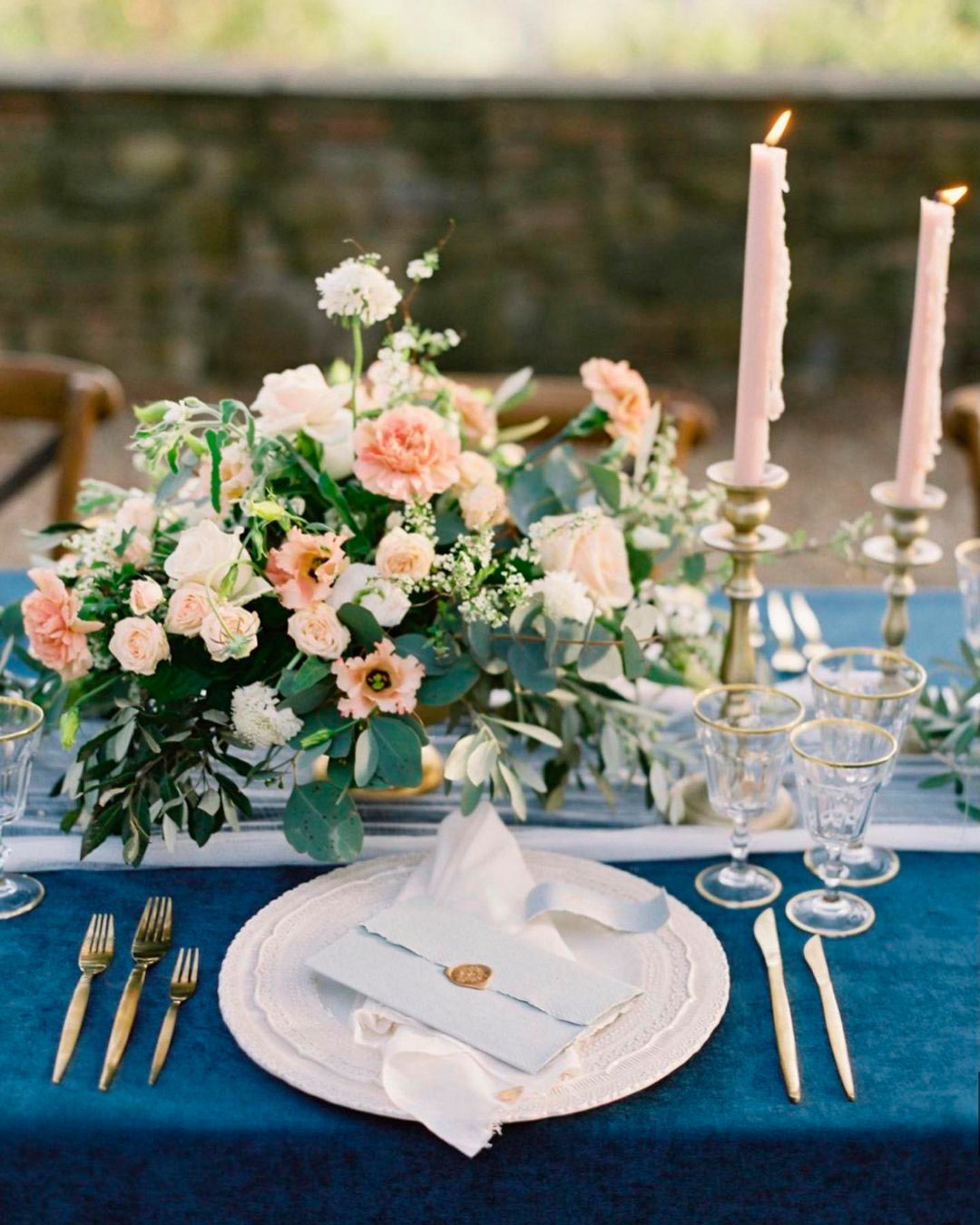 blue and white wedding colors table setting