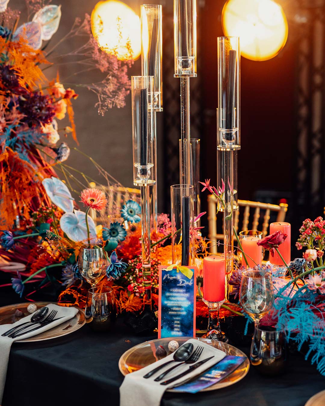 fall wedding color blue orange candles flowers