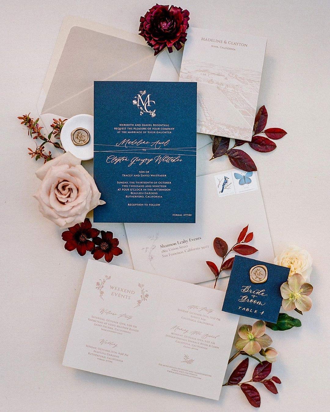 fall wedding colors deep blue white invitations