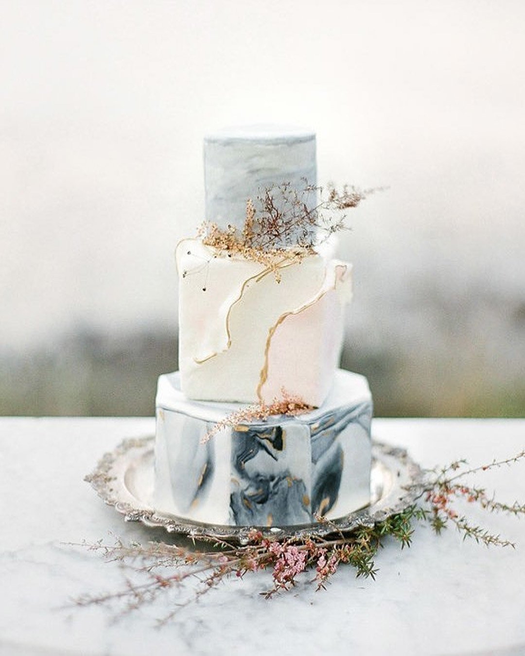 fall wedding colors peach dark gray cake marble
