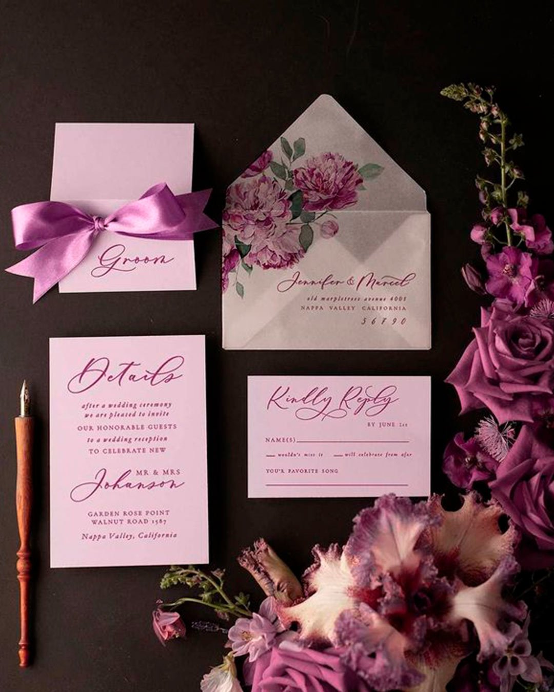 lilac wedding colors stationery invitation