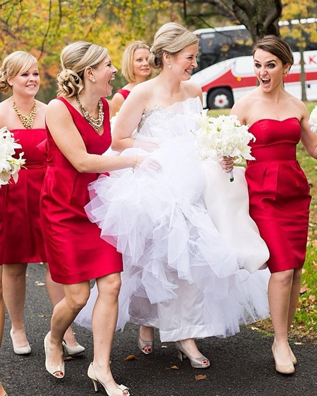 red white wedding colors bride bridesmaids attire dresses