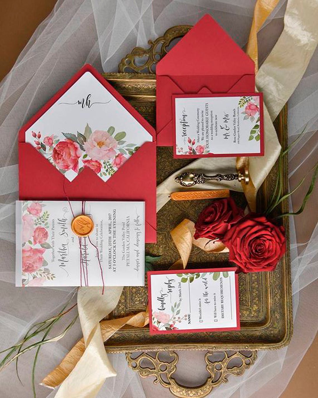 red white wedding colors caligraphy invitations