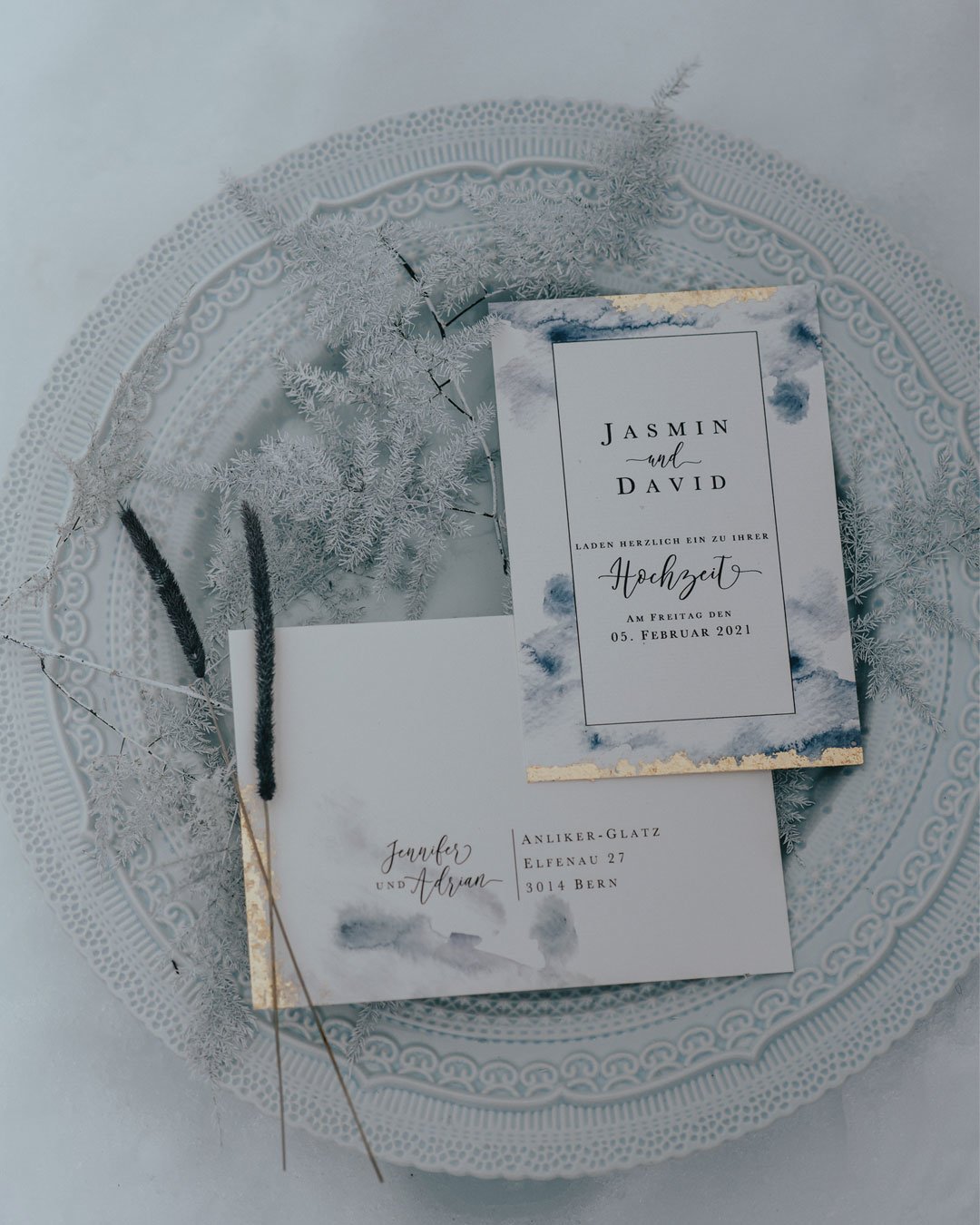winter wedding colors dusty blue invitations kuenzly