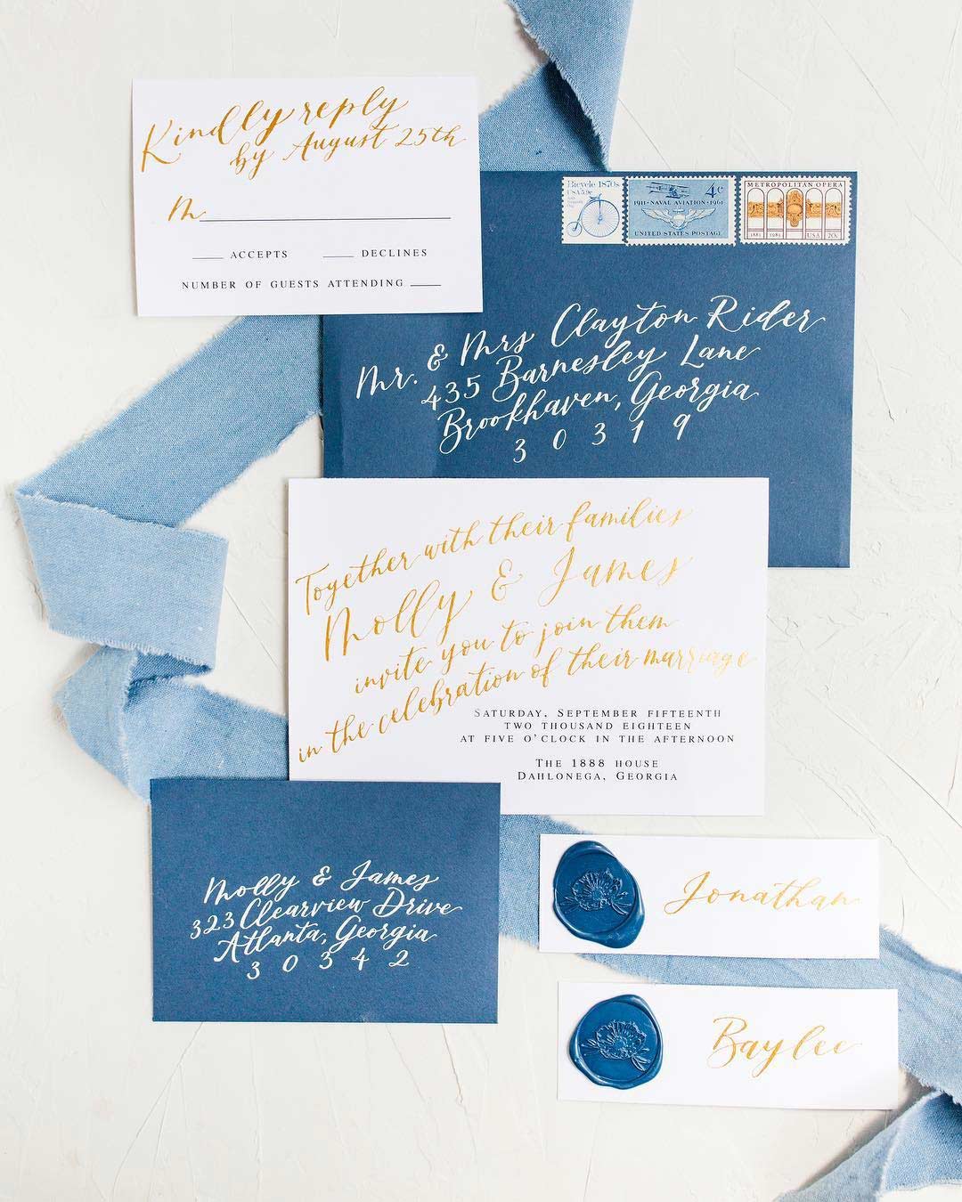 winter wedding colors invitations gold blue navy