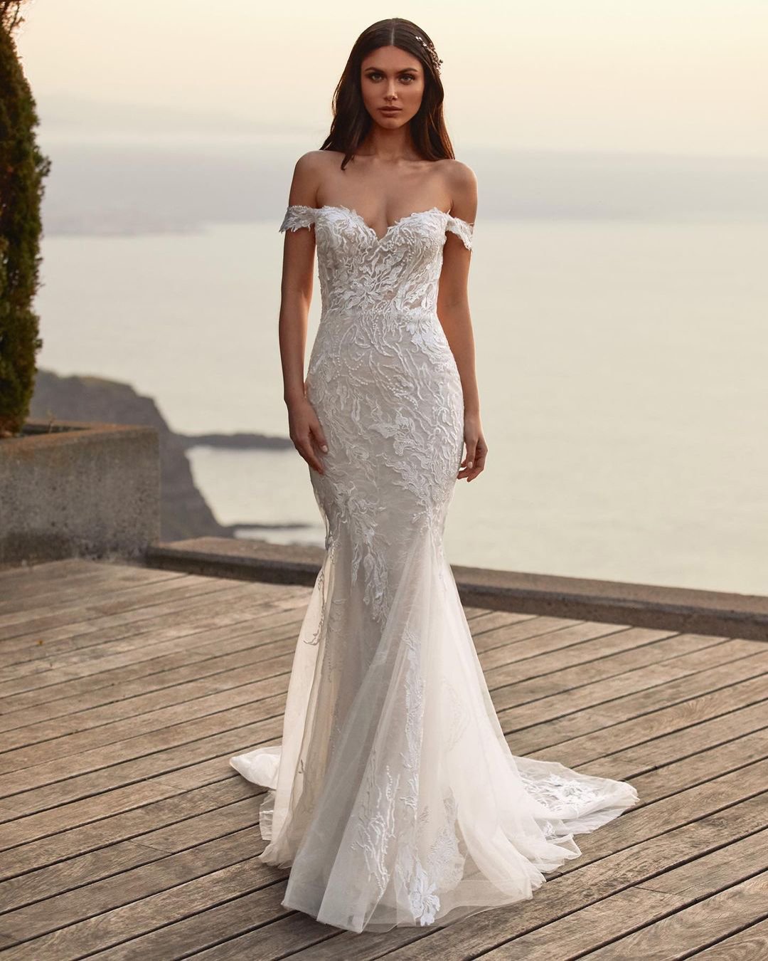 best wedding dresses fit and flare off the shoulder lace strapless pronovias