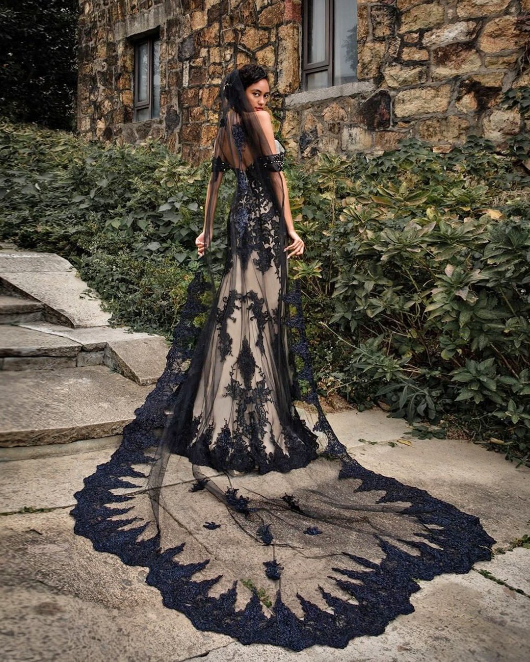 gothic wedding dresses lace with veil lace black cocomelody