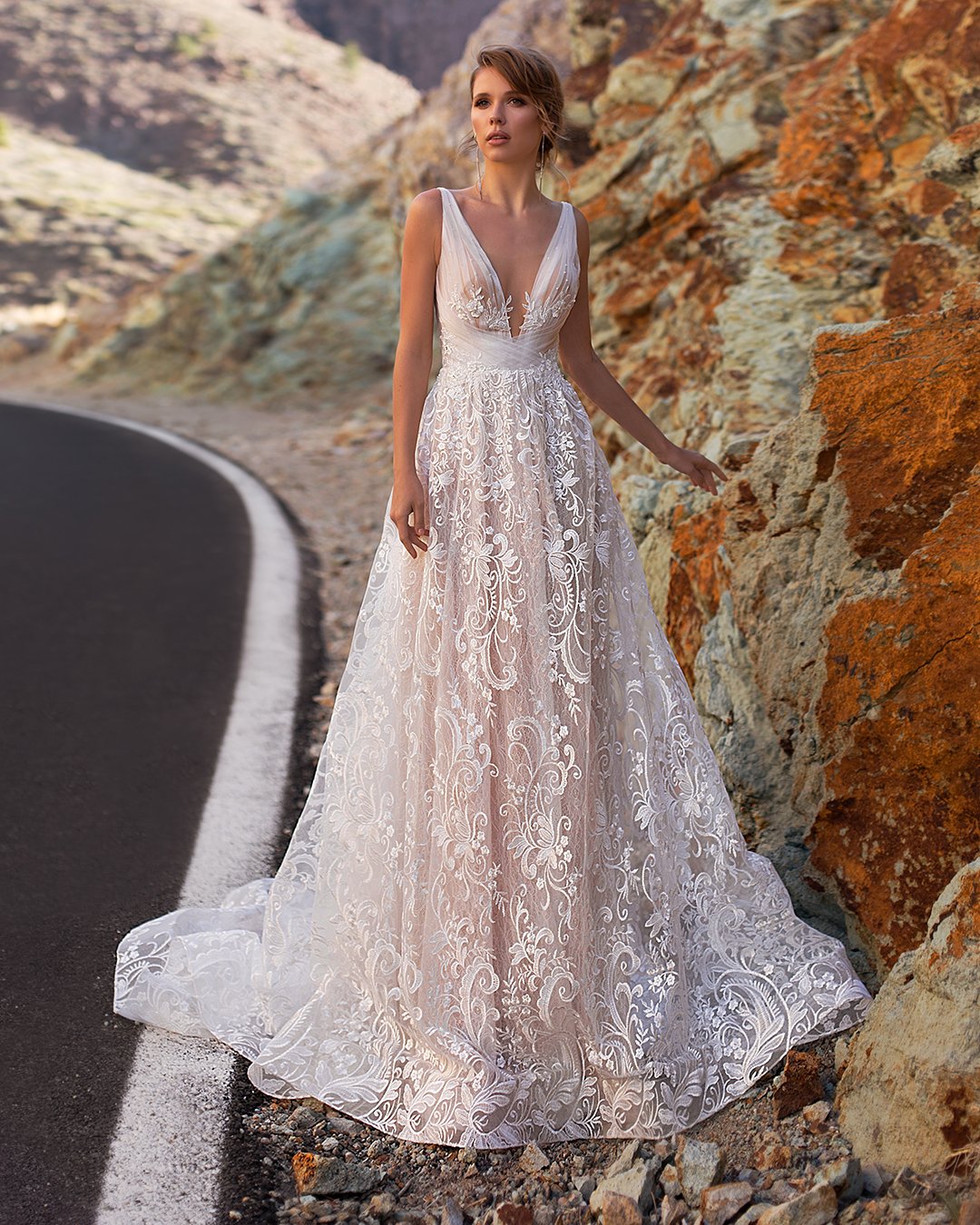 deep v neck lace wedding dress