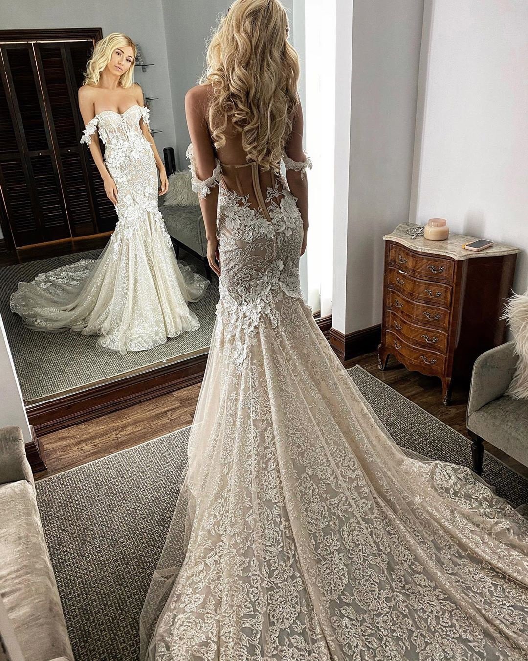 lace wedding dresses fit and flare off the shoulder train sexy berta