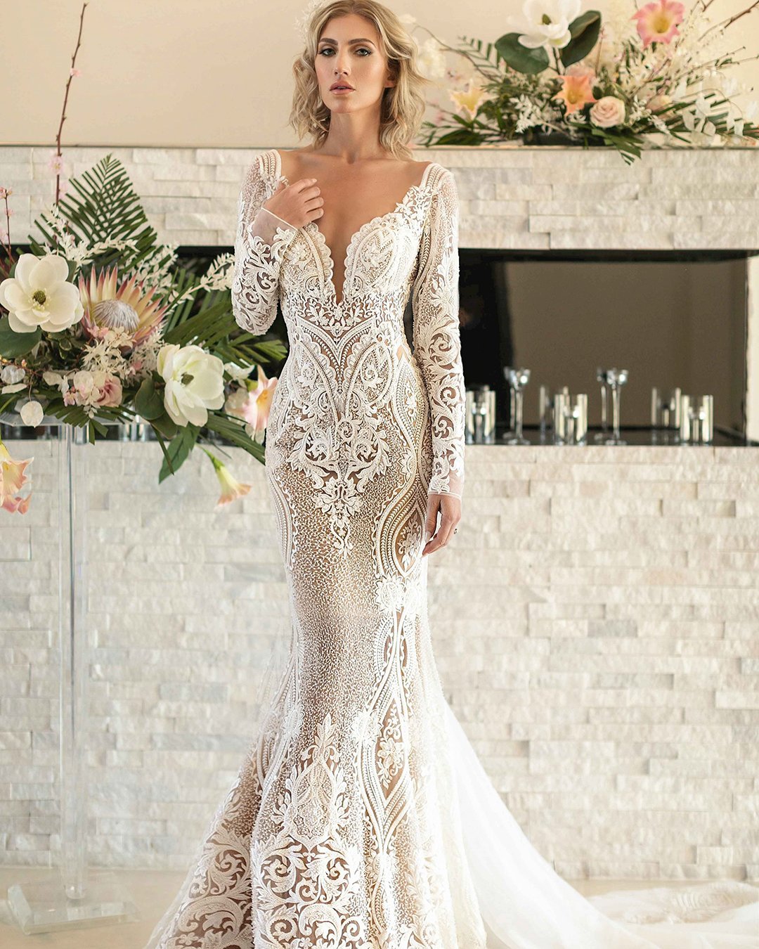 lace-wedding-dresses-fit- flare sweetheart neckline with long sleeves naama and anat