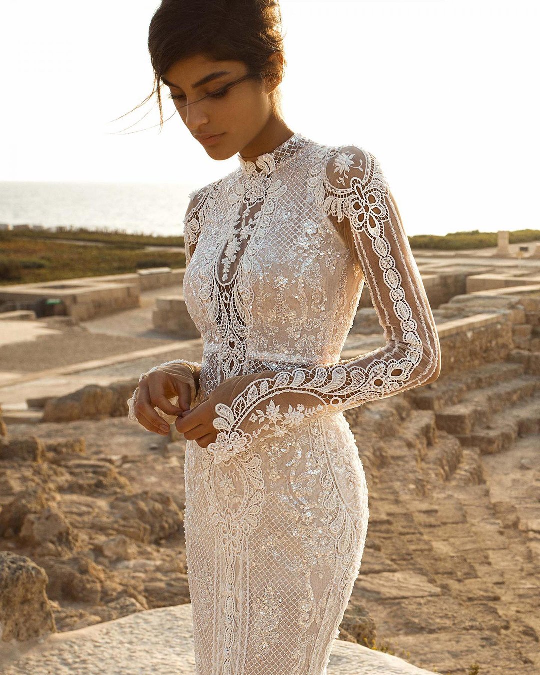 lace wedding dresses sheath vintage with illusion long sleeves details galia lahav
