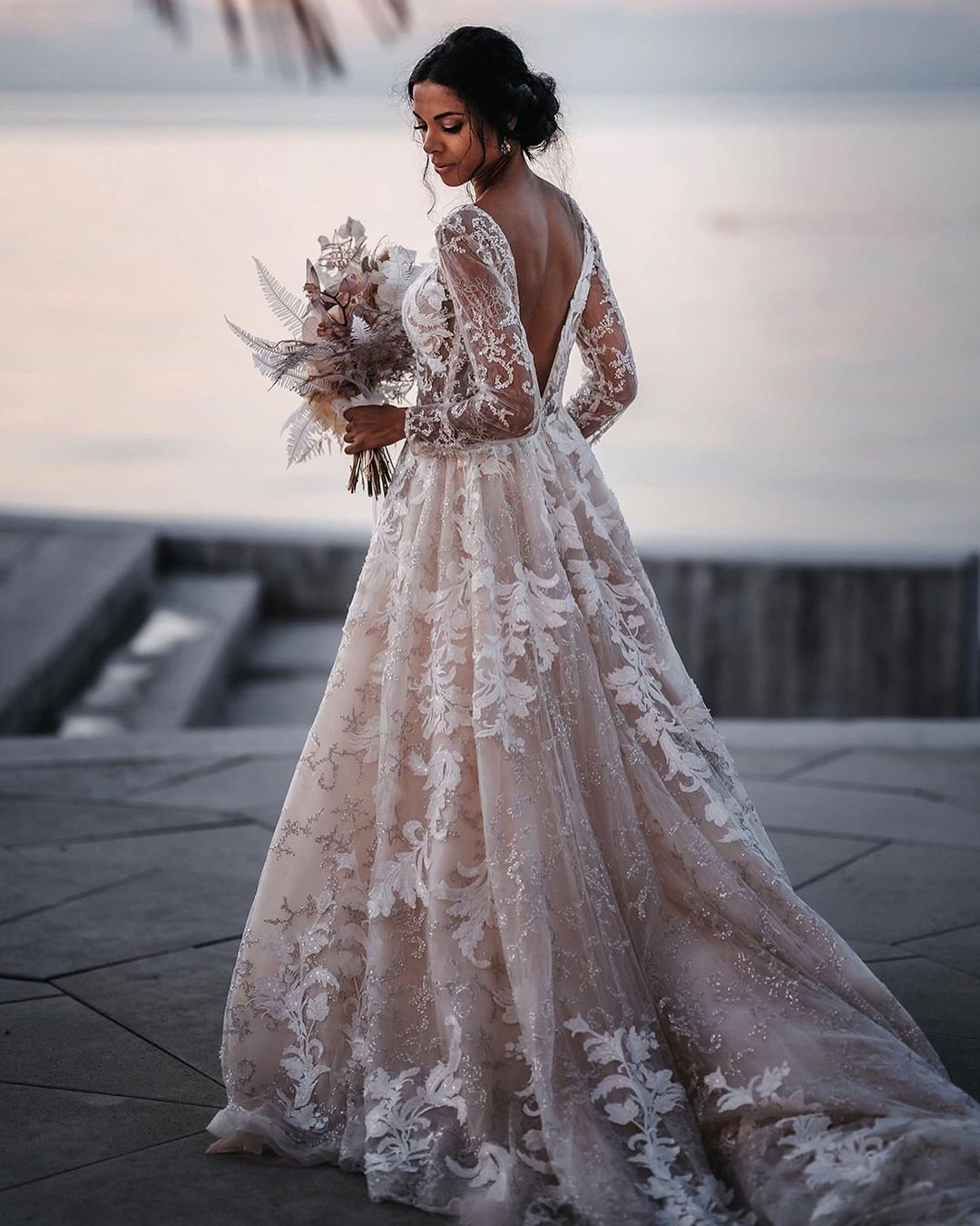 lace wedding dresses v back with illusion long sleeves bohemian millanova