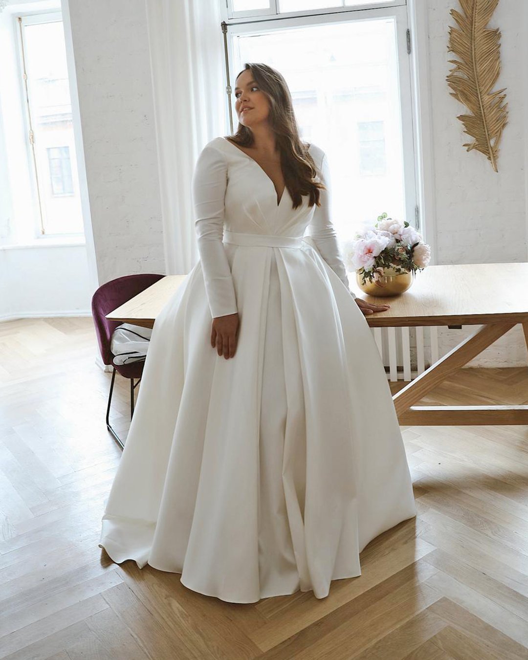 plus size wedding dresses ball gown with long sleeves v neckline olivia bottegga