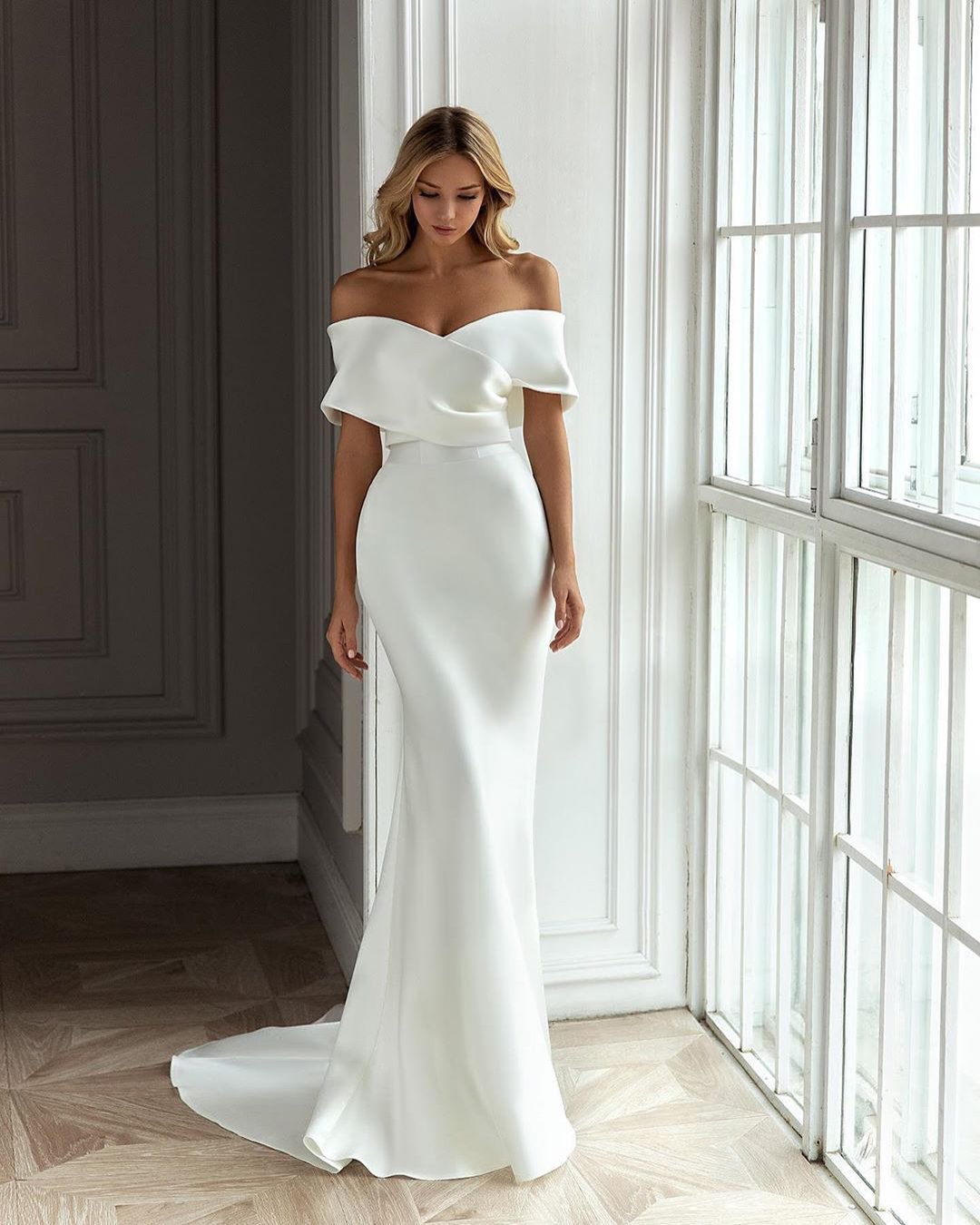 wedding dress designers sheath simple off the shoulder strapless neckline eva lendel