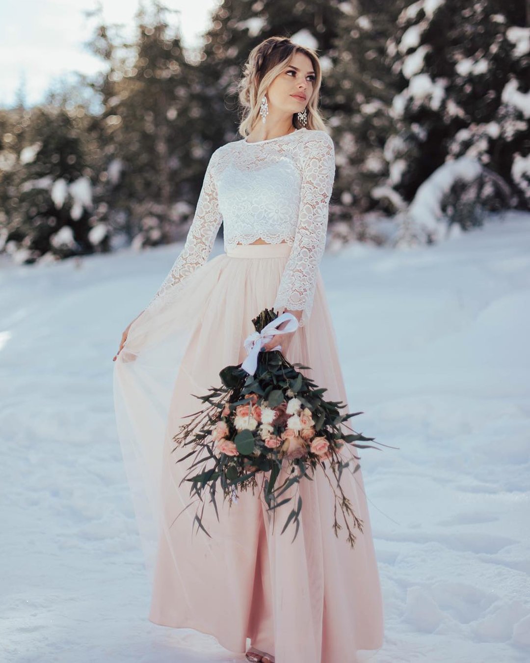 winter wedding dresses outfits with long sleeves lace top tulle skirt blisstulle