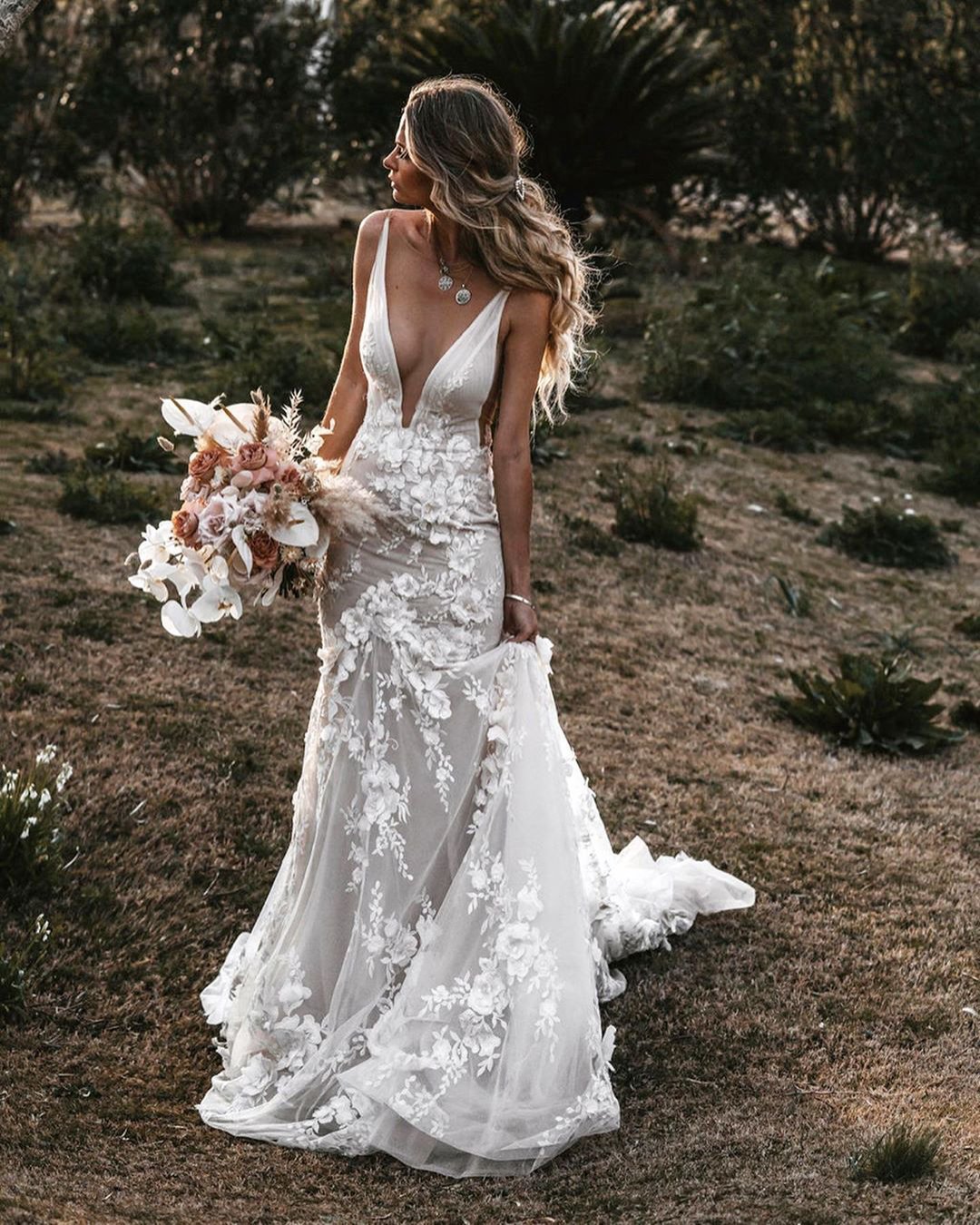 beach wedding dresses sheath deep v neckline floral appliques tali