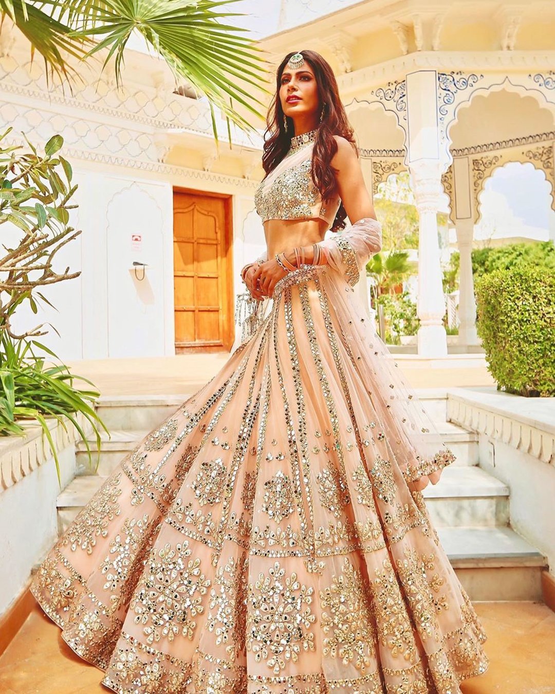 indian wedding dresses a line with high neck gold sparkle bhinav shoot