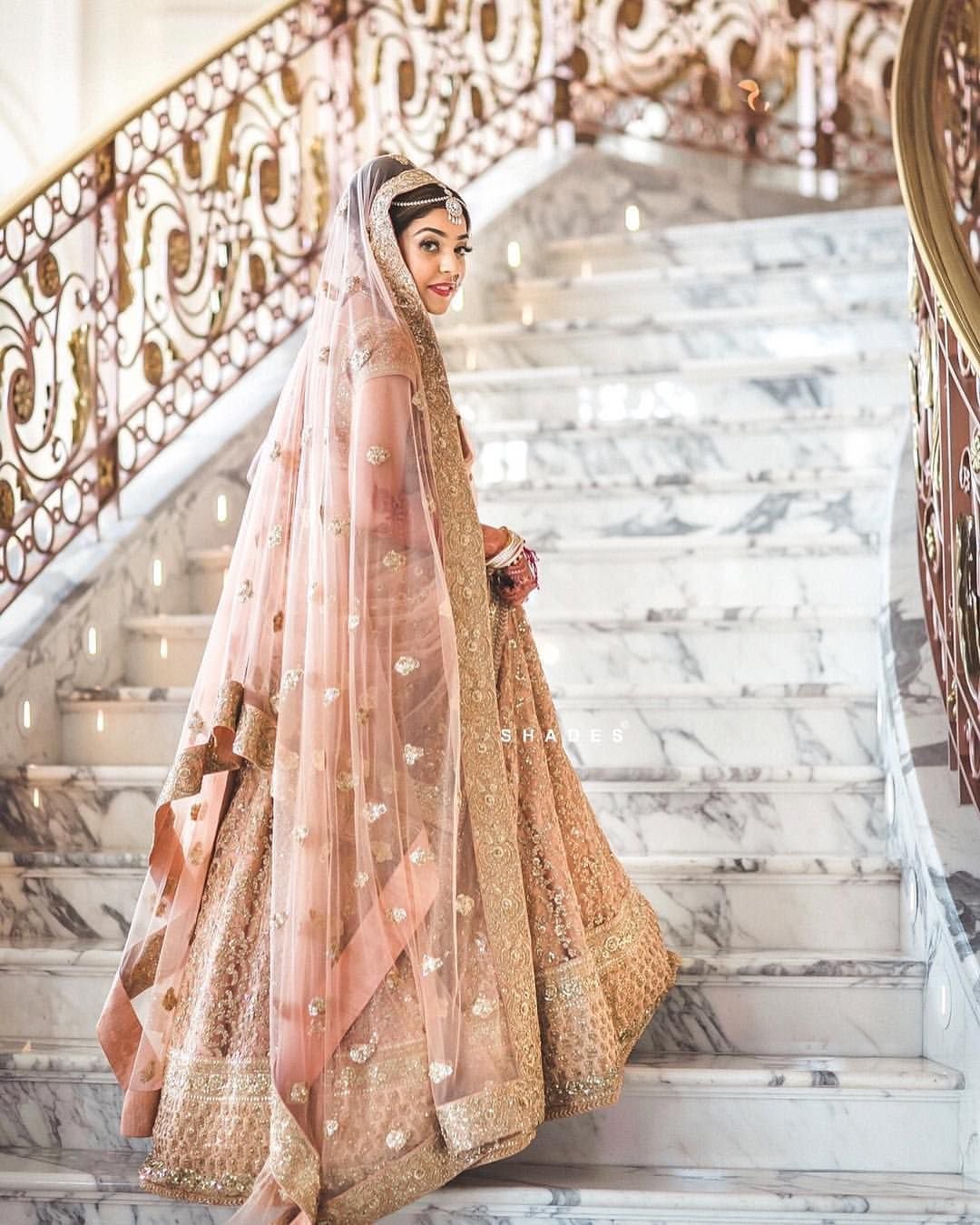 indian wedding dresses bridal lehenga gold pink embellishment shades photo